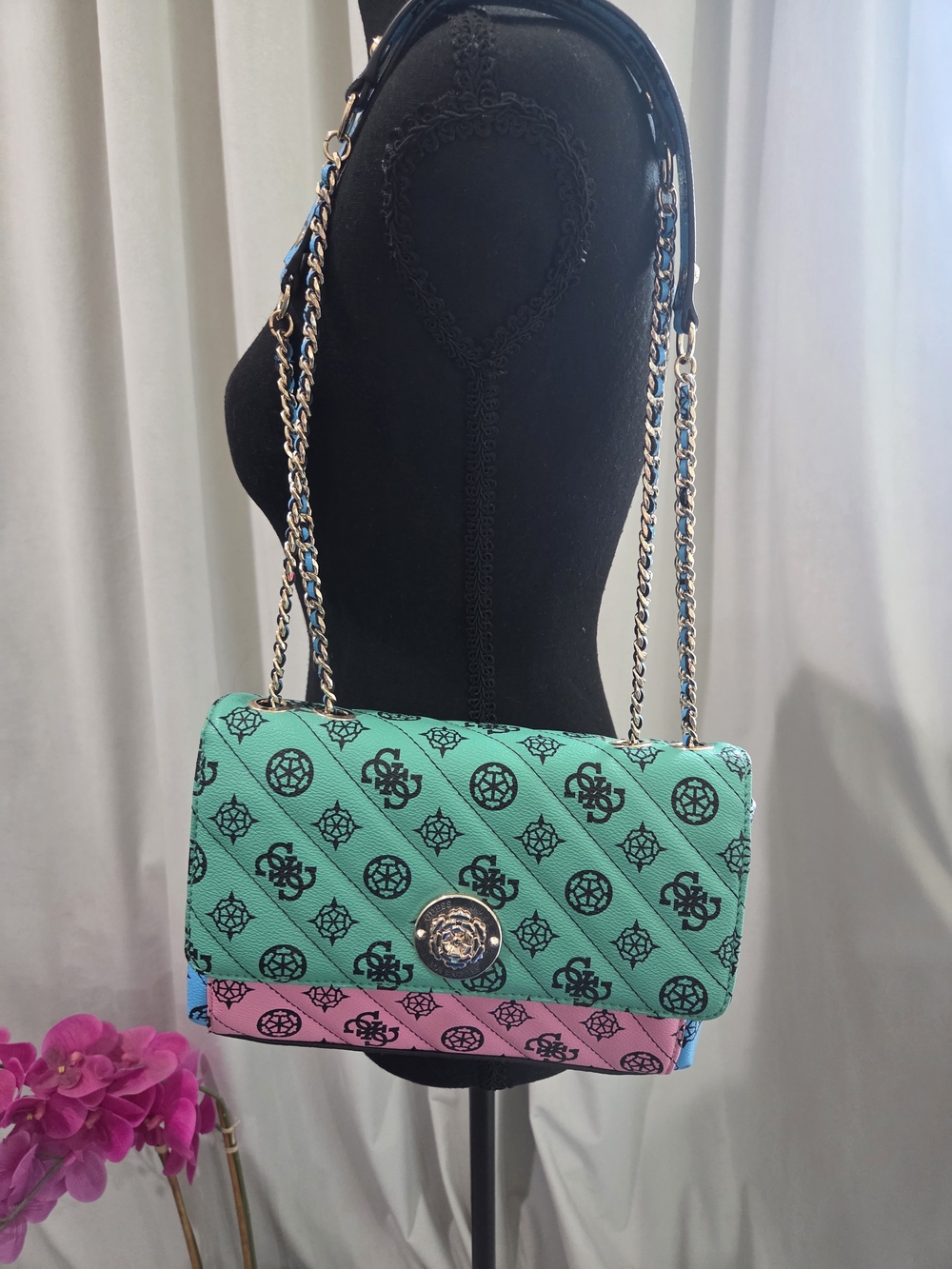 Guess Green Blue and Pink Logo-Print Chain Shoulder Bag